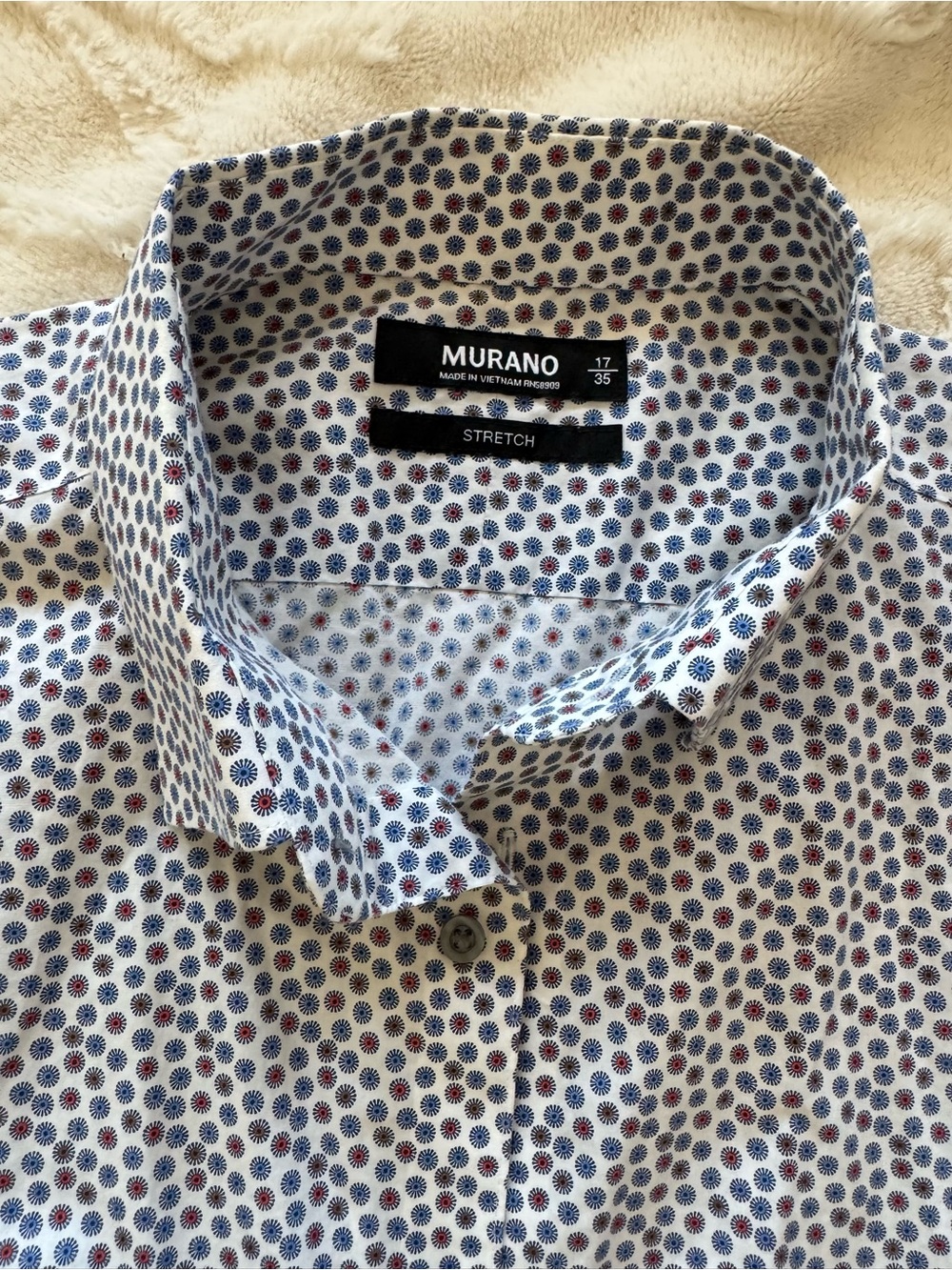 Murano Men’s White Dress Shirt with Navy & Red Micro Floral Print 17 x 35